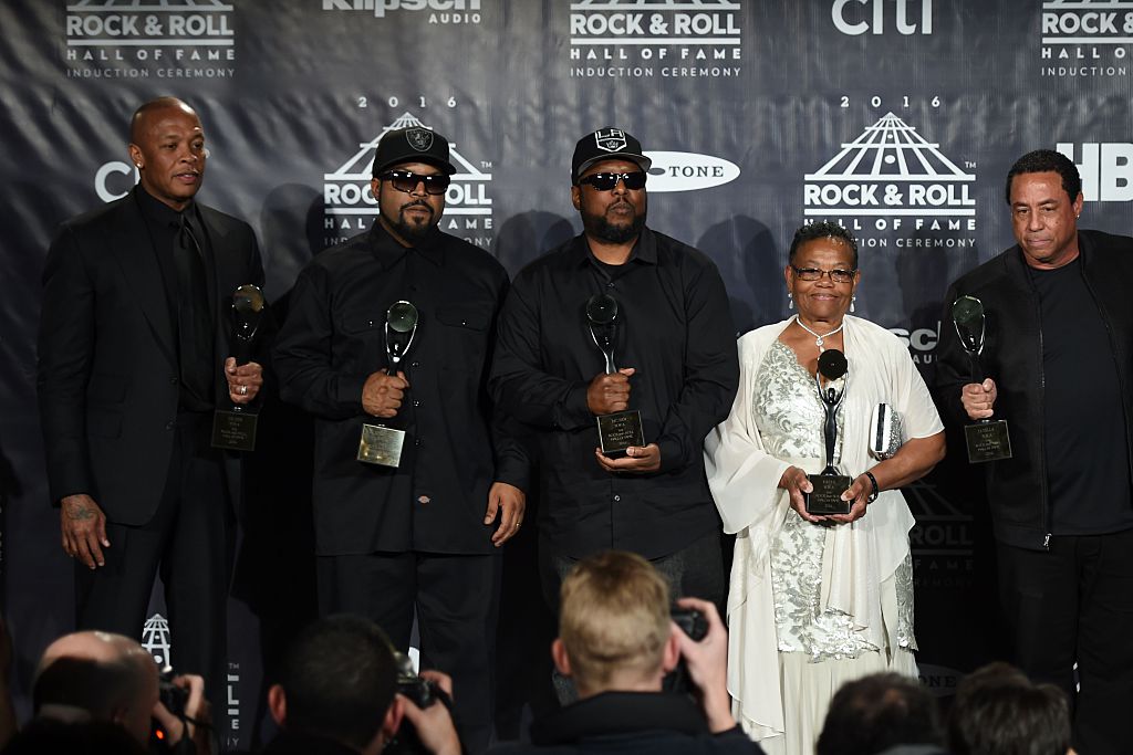 N.W.A. members Dr. Dre, Ice Cube, MC Ren. Eric "Eazy-E" Wright's mother Katie Wright and DJ Yella pose in the press room during the 31st Annual Rock and Roll Hall of Fame Induction Ceremony at Barclays Center in Brooklyn, N.Y. April 8, 2016.