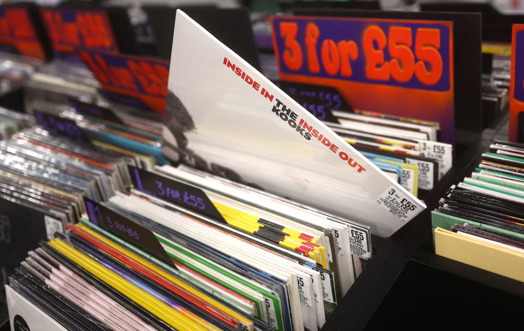 A collection of vinyl records at the HMV store in London.