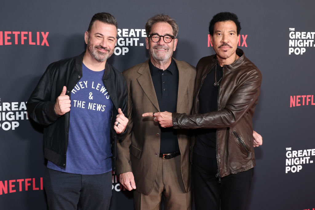 JJimmy Kimmel, Huey Lewis and Lionel Richie attend the premiere of Netflix's 'The Greatest Night in Pop' at Egyptian Theatre  in Los Angeles.