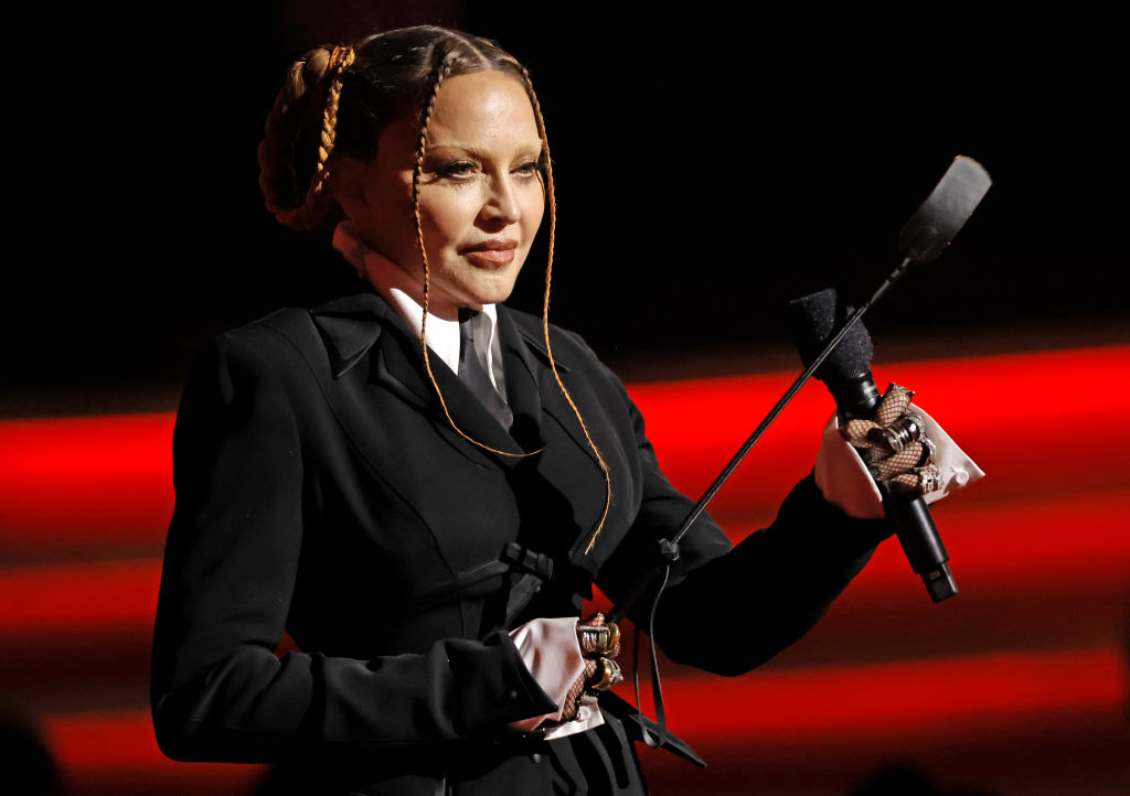 Madonna speaks during the 65th Grammy Awards