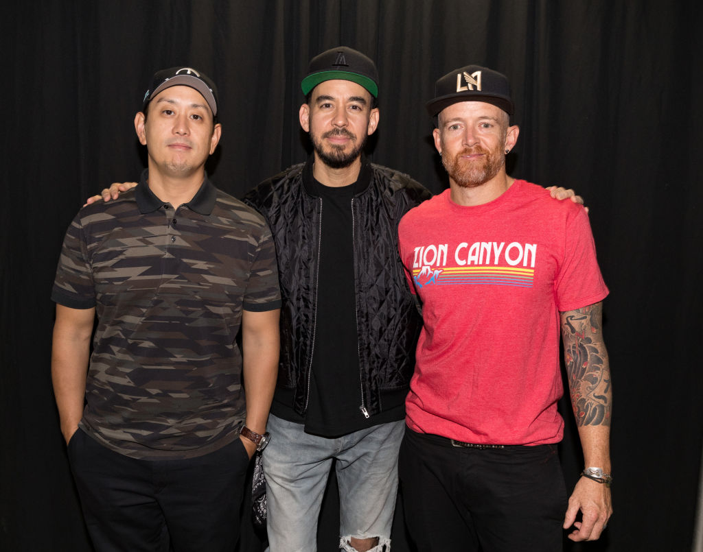  Musicians from Linkin Park; Joe Hahn, Mike Shinoda and Dave Farrell perform during the "Linkin Park And Friends Celebrate Life In Honor Of Chester Bennington" concert at the Hollywood Bowl on October 27, 2017 in Hollywood.