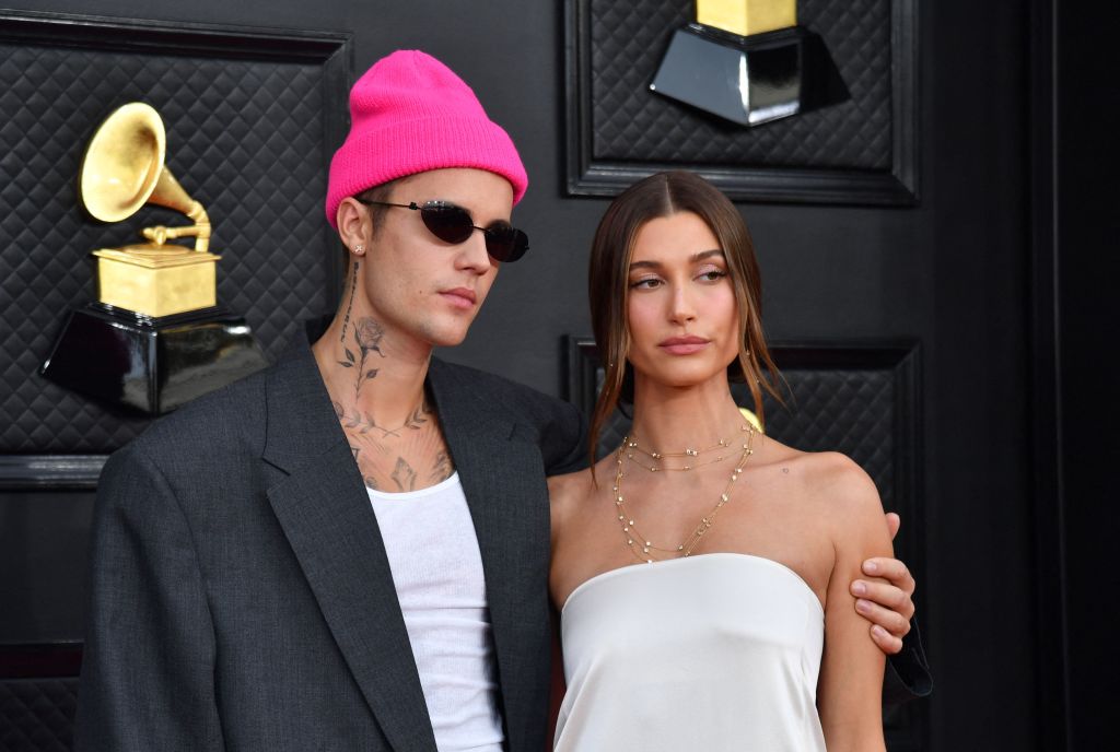 Justin Bieber and Hailey Bieber arrive for the 64th Annual Grammy Awards