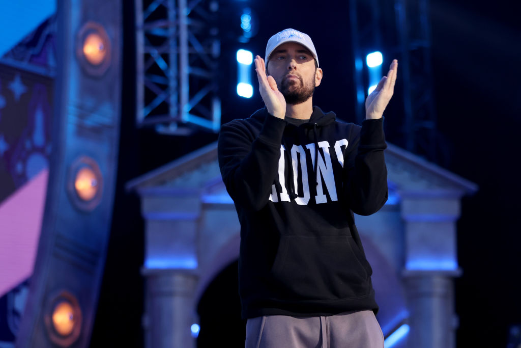 Marshall "Eminem" Mathers claps during the first round of the 2024 NFL Draft at Campus Martius Park and Hart Plaza on April 25, 2024 in Detroit, Michigan. 