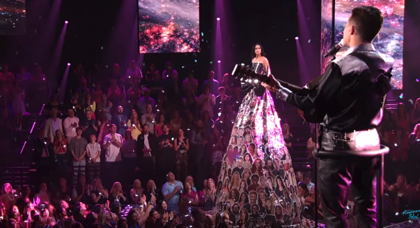 Katy Perry and Jack Blocker share a moment, 20 feet above the 'American Idol' audience.
