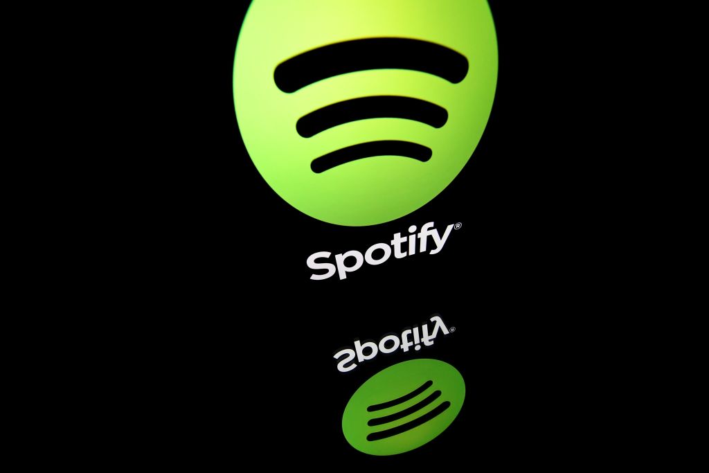 The logo of online streaming music service Spotify displayed on a tablet screen in Paris