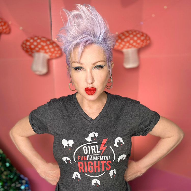 Cyndi Lauper today, rocking her Girls Just Want to Have Fundamental Rights Fund T-shirt.