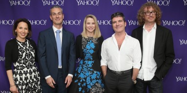 (L-R) Kathy Savitt, Patrick Moxey, Marissa Mayer, Simon Cowell and Hamish Hamilton attend the 2015 Yahoo Digital Content NewFronts at Avery Fisher Hall on April 27, 2015