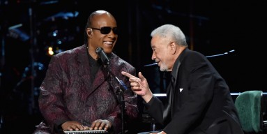 Stevie Wonder and Bill Withers share an inside joke. 