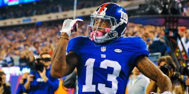 Odell Beckham #13 of the New York Giants celebrates a touchdown in the third quarter during a game against the San Francisco 49ers at MetLife Stadium on October 11, 2015 in East Rutherford, New Jersey. 
