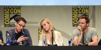(L-R) Director Bryan Singer, actress Jennifer Lawrence and actor Michael Fassbender from 'X-Men: Apocalypse' speak onstage at the 20th Century FOX panel during Comic-Con International 2015 at the San Diego Convention Center on July 11, 2015 in San Diego, 