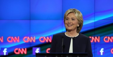Democratic presidential candidate Hillary Clinton takes part in a presidential debate sponsored by CNN and Facebook at Wynn Las Vegas on October 13, 2015 in Las Vegas, Nevada. Five Democratic presidential candidates are participating in the party's first 