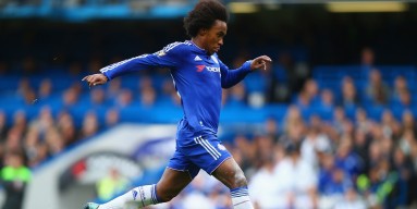 Willian of Chelsea on the ball during the Barclays Premier League match between Chelsea and Aston Villa at Stamford Bridge on October 17, 2015 in London, England. 