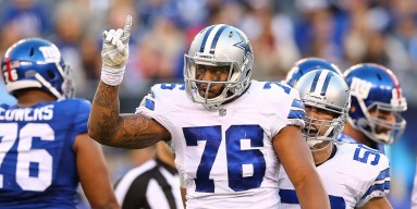 Greg Hardy #76 of the Dallas Cowboys celebrates a sack during the second quarter against the New York Giants at MetLife Stadium on October 25, 2015 in East Rutherford, New Jersey. 