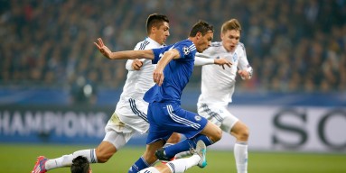 Nemanja Matic of Chelsea bursts through to shoot during the UEFA Champions League Group G match between FC Dynamo Kyiv and Chelsea at the Olympic Stadium on October 20, 2015 in Kiev, Ukraine.