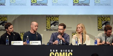 L-R) Actor Nicholas Hoult, actor James McAvoy, director Bryan Singer, actress Jennifer Lawrence and actor Michael Fassbender from 'X-Men: Apocalypse' speak onstage at the 20th Century FOX panel during Comic-Con International 2015 at the San Diego Conventi