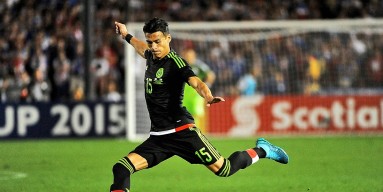 Hector Moreno #15 of Mexico attempts a goal during the 2017 FIFA Confederations Cup Qualifier against the United States at Rose Bowl on October 10, 2015 in Pasadena, California. 