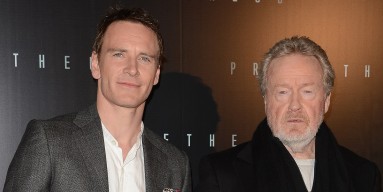 Michael Fassbender and Ridley Scott attend the 'Prometheus' Paris photo call at Cinema Gaumont Marignan on April 11, 2012 in Paris, France.