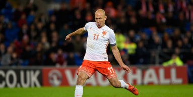 Netherlands players Arjen Robben scores the third Dutch goal during the friendly International match between Wales and Netherlands at Cardiff City Stadium on November 13, 2015 in Cardiff, Wales. 