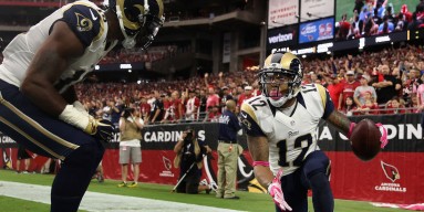 Wide receiver Stedman Bailey #12 of the St. Louis Rams (right) celebrates his third quarter touchdown with wide receiver Kenny Britt #18 (left) during the NFL game against the Arizona Cardinals at the University of Phoenix Stadium on October 4, 2015 in Gl