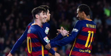 Lionel Messi (L) FC Barcelona celebrates with his teammate Neymar of FC Barcelona after scoring his team's fourth goal during the La Liga match between FC Barcelona and Real Sociedad de Futbol at Camp Nou on November 28, 2015 in Barcelona, Spain. 
