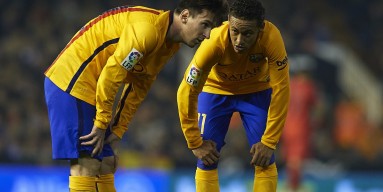 Neymar JR (11) and Lionel Messi of Barcelona speak during the La Liga match between Valencia CF and FC Barcelona at Estadi de Mestalla on December 05, 2015 in Valencia, Spain. 