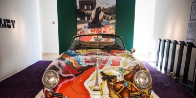 The Janis Joplin 1964 Porsche 356 C 1600 SC Cabriolet sits on display at Sotheby's during a press preview before the 'Driven by Disruption' auction on December 4, 2015 in New York City. The auction will include more than 30 vehicles spanning 70 years in a