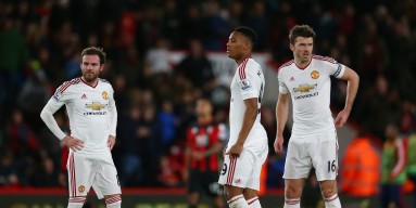  (L to R) Juan Mata, Anthony Martial and Michael Carrick of Manchester United show their dejection after conceding second goal to Bournemouth during the Barclays Premier League match between A.F.C. Bournemouth and Manchester United at Vitality Stadium on 