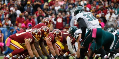 The Washington Redskins offense lines up against the Philadelphia Eagles defense at FedExField on October 4, 2015 in Landover, Maryland. 