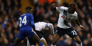 Josh Onomah of Tottenham Hotspur and Nathan Dyer of Leicester City in action during the Emirates FA Cup Third Round match between Tottenham Hotspur and Leicester City at White Hart Lane on January 10, 2016 in London, England.