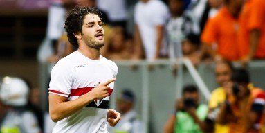 Alexandre Pato of Sao Paulo celebrates their fourth goal during the match between Botafogo and Sao Paulo for the Brazilian Series A 2014 at Mane Garrincha stadium on September 10, 2014 in Brasilia, Brazil. 