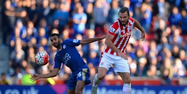 Erik Pieters of Stoke City and Riyad Mahrez of Leicester City compete for the ball during the Barclays Premier League match between Stoke City and Leicester City at Britannia Stadium on September 19, 2015 in Stoke on Trent, United Kingdom. 