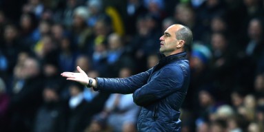 Roberto Martinez the manager of Everton reacts during the Capital One Cup Semi Final, second leg match between Manchester City and Everton at the Etihad Stadium on January 27, 2016 in Manchester, England. 