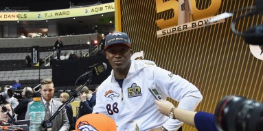Demaryius Thomas #88 of the Denver Broncos addresses the media at Super Bowl Opening Night Fueled by Gatorade at SAP Center on February 1, 2016 in San Jose, California. 