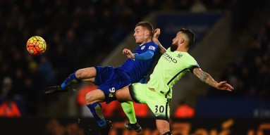 Jamie Vardy of Leicester City is challenged by Nicolas Otamendi of Manchester City during the Barclays Premier League match between Leicester City and Manchester City at The King Power Stadium on December 29, 2015 in Leicester, England. 