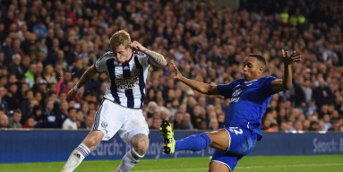 James McClean of West Bromwich Albion is blocked by Brendan Galloway of Everton during the Barclays Premier League match between West Bromwich Albion and Everton at The Hawthorns on September 28, 2015 in West Bromwich, United Kingdom.