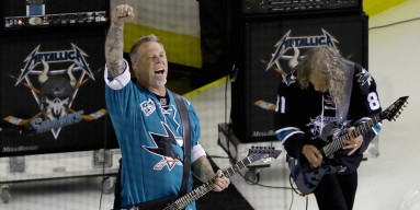 James Hetfield and Kirk Hammett of Metallica perform the national anthem prior to Game Four of the 2016 NHL Stanley Cup Final between the Pittsburgh Penguins and the San Jose Sharks at SAP Center on June 6, 2016