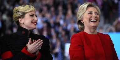 Hillary Clinton (R) and Lady Gaga smile during a campaign rally at North Carolina State University on November 8, 2016 in Raleigh North Carolina