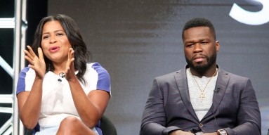 Courtney A. Kemp and executive producer/actor Kurtis '50 Cent' Jackson speak onstage during the 'Power' panel discussion at the Starz portion of the 2016 Television Critics Association Summer Tour at The Beverly Hilton Hotel on August 1, 2016