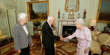 Composer Judith Weir, the new Master of the Queen's Music, and Sir Peter Maxwell Davies with Queen Elizabeth II at Buckingham Palace on July 22, 2014 in London, England.