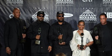 N.W.A. members Dr. Dre, Ice Cube, MC Ren. Eric "Eazy-E" Wright's mother Katie Wright and DJ Yella pose in the press room during the 31st Annual Rock and Roll Hall of Fame Induction Ceremony at Barclays Center in Brooklyn, N.Y. April 8, 2016.