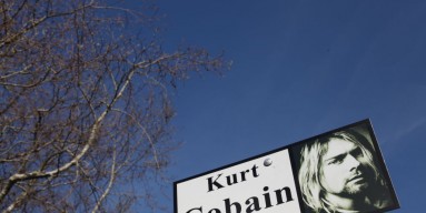 A sign in Kurt Cobain Park in Aberdeen, Washington on April 1, 2014. The park where Cobain used to hang out and write songs has become a symbol for fans as it was a gathering place after the news of his death spread. 