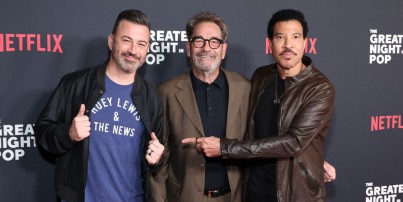 JJimmy Kimmel, Huey Lewis and Lionel Richie attend the premiere of Netflix's 'The Greatest Night in Pop' at Egyptian Theatre  in Los Angeles.