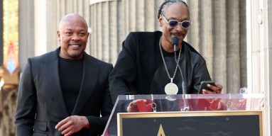 Dr. Dre and Snoop Dogg speak during the Hollywood Walk of Fame Star Ceremony for Dr. Dre on March 19, 2024 in Hollywood, Calif. 