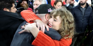 Taylor Swift and Travis Kelce celebrate the Kansas City Chiefs 2024 Super Bowl win