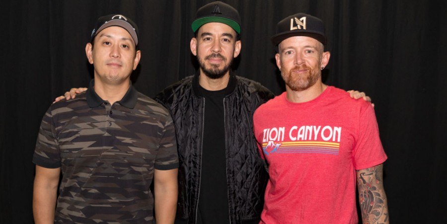  Musicians from Linkin Park; Joe Hahn, Mike Shinoda and Dave Farrell perform during the 