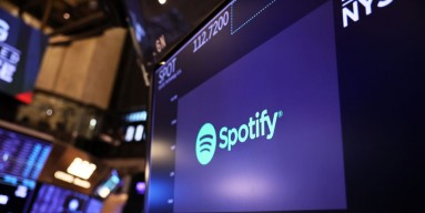 The Spotify company logo is diaplayed on the floor of the New York Stock Exchange (NYSE) 