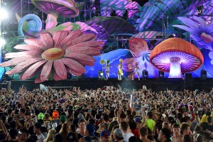 Dancers perform onstage at the 17th annual Electric Daisy Carnival 