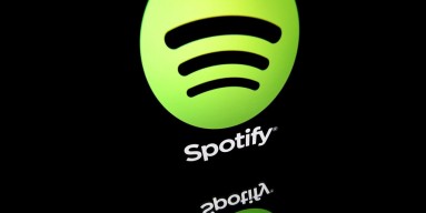 The logo of online streaming music service Spotify displayed on a tablet screen in Paris