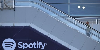 The Spotify logo seen on an escalator in Frankfurt, Germany