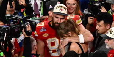 Taylor Swift and Kansas City Chiefs' Travis Kelce embrace after the Chiefs won Super Bowl LVIII